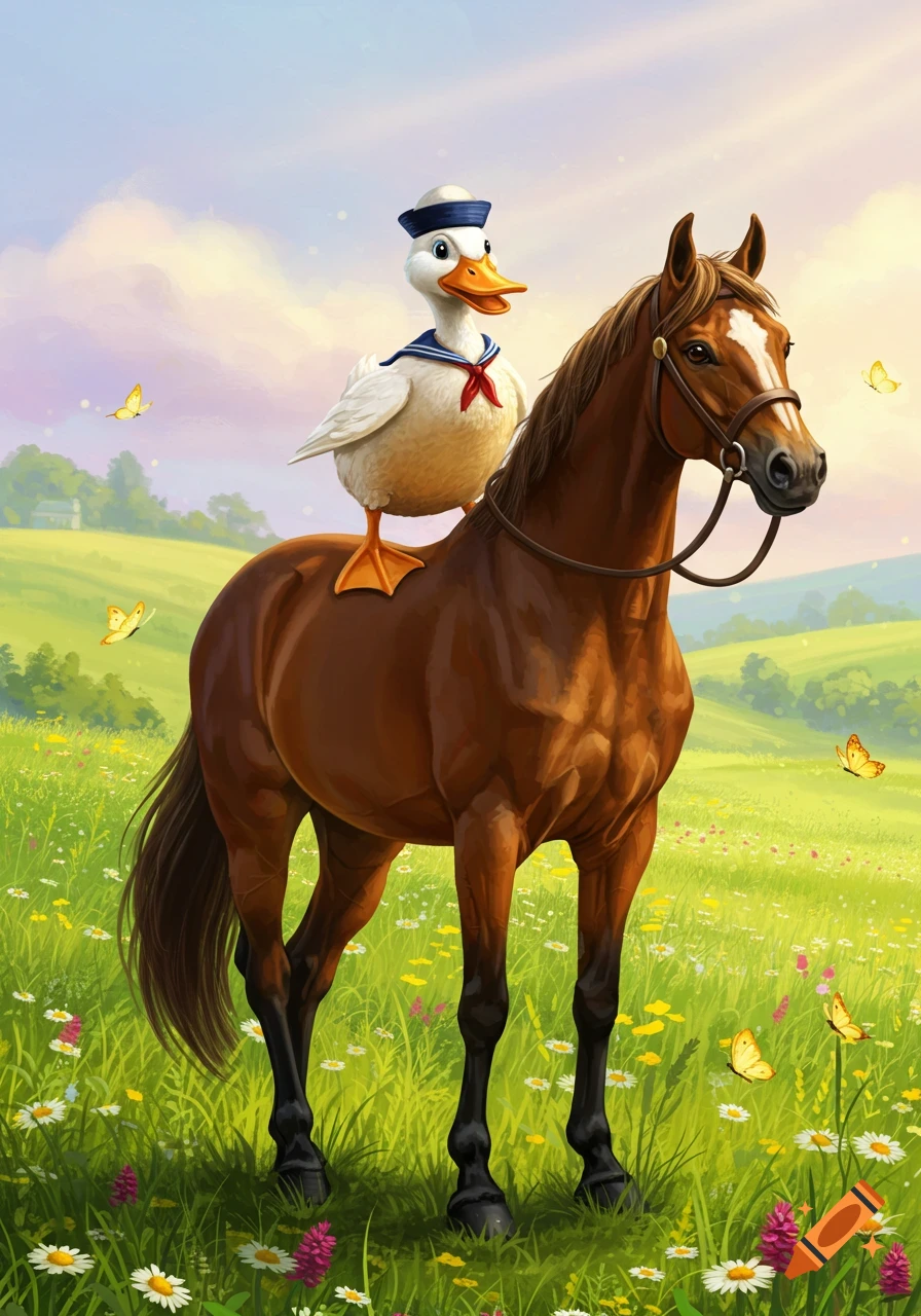 A cheerful cartoon duck in a sailor hat rides on a brown horse through a sunny, flower-filled field.
