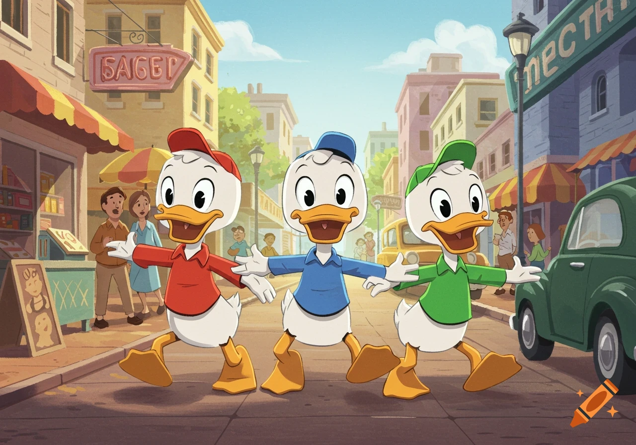 Three cartoon ducklings, Huey, Dewey, and Louie, in red, blue, and green, walk hand-in-hand down a sunny city street.