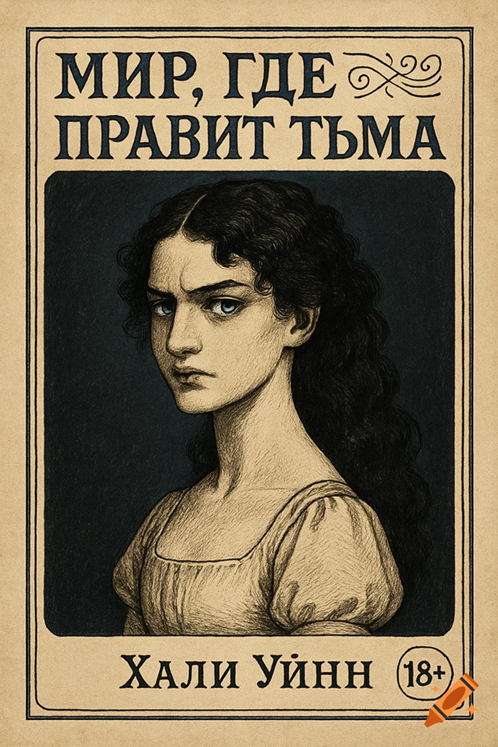 Illustrated book cover with a dark-haired woman in a 19th-century dress, looking sternly. Russian title and '18+' indicator.