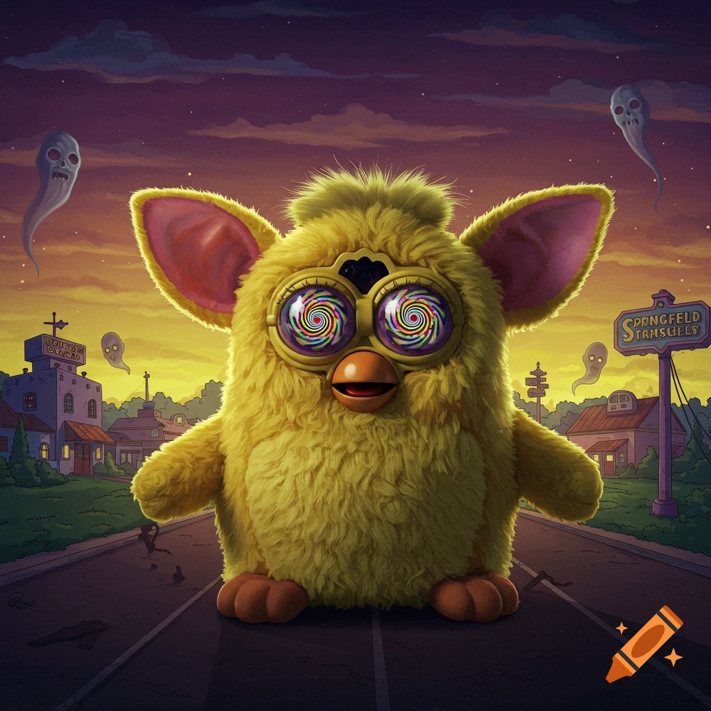A giant yellow Furby-like creature with psychedelic eyes stands on a road in a cartoonish, spooky town at dusk, with ghosts floating around.
