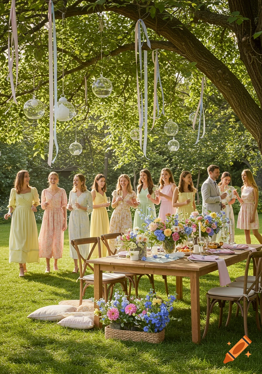 A group of people, mostly women in pastel dresses, enjoying a sunny outdoor garden party with a beautifully decorated table of flowers.