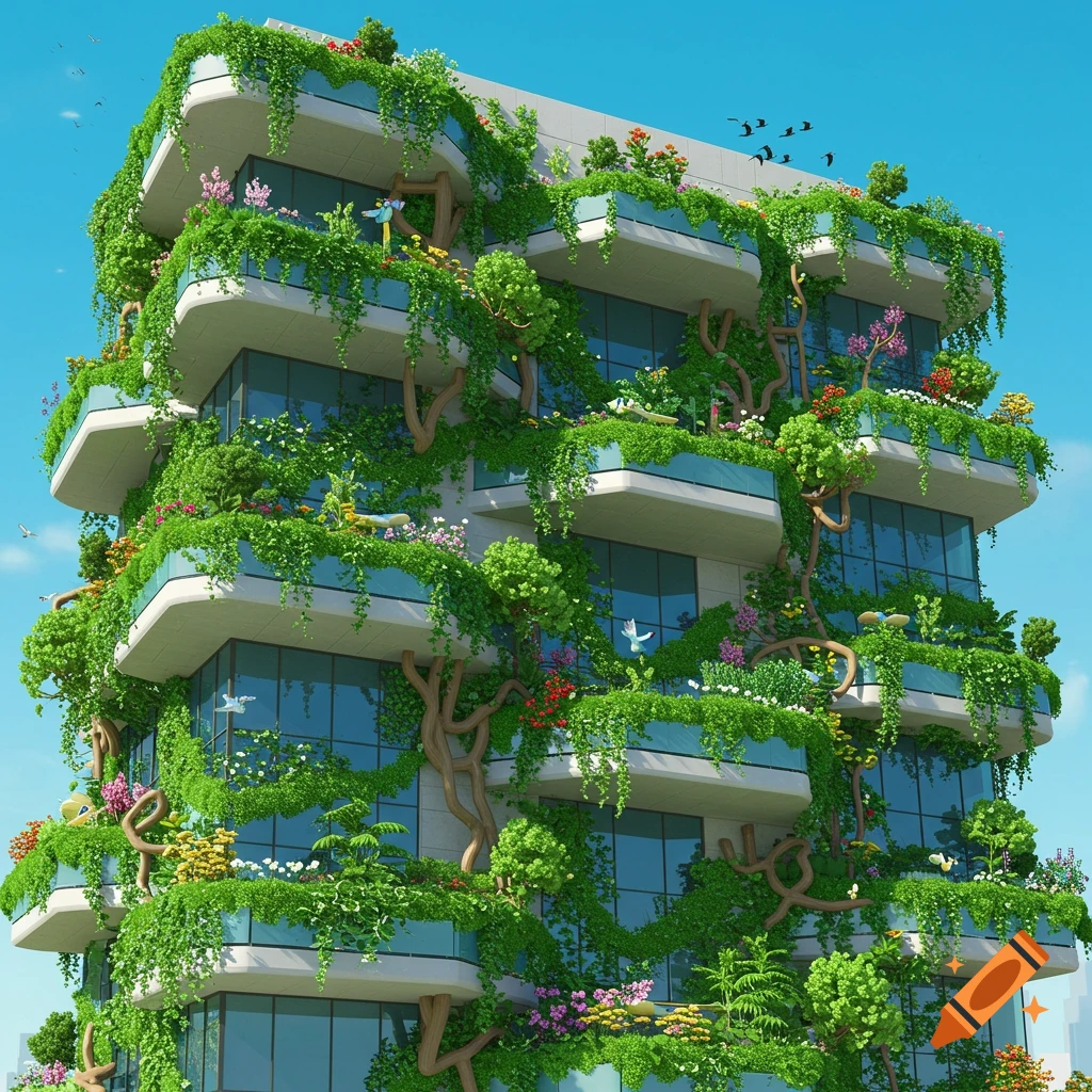 A 3D cartoon of a modern building with lush green plants, vines, and colorful flowers covering its balconies under a blue sky.