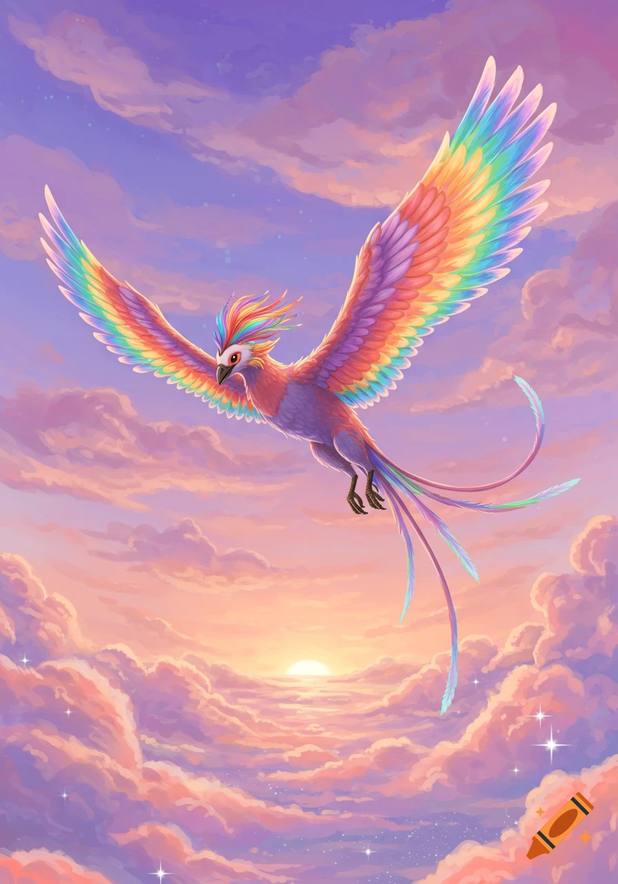 A vibrant rainbow phoenix with outstretched wings flies through a pastel pink and purple sky above clouds during sunset.