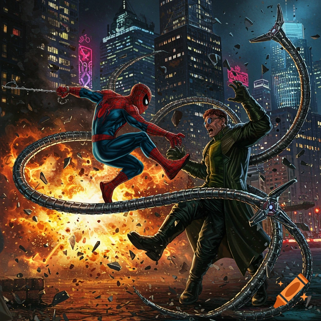 Comic book art of Spider-Man fighting Doctor Octopus, leaping over his tentacles amid a fiery explosion in a nighttime city.