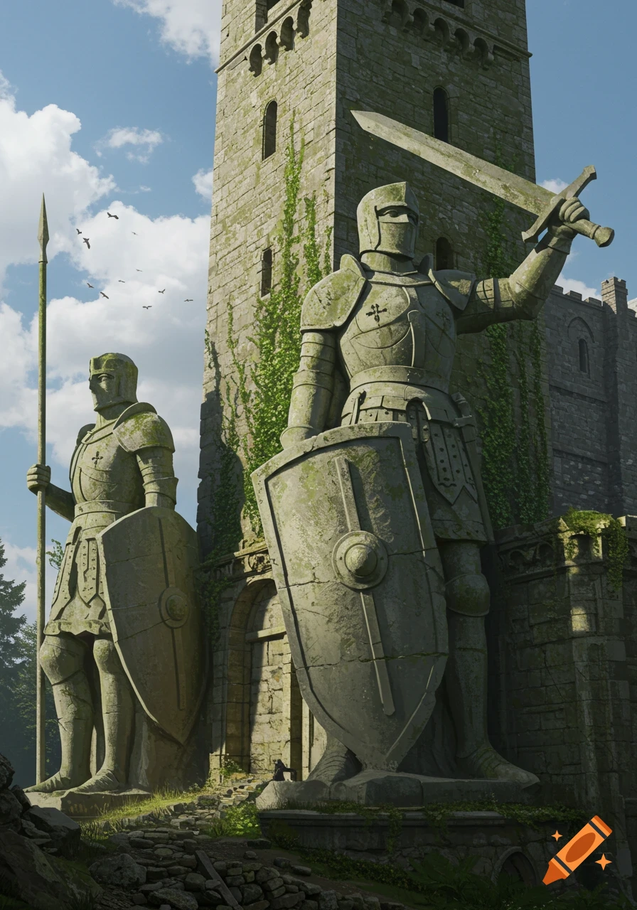 Two realistic moss-covered stone knight statues stand before an old medieval tower under a cloudy sky.