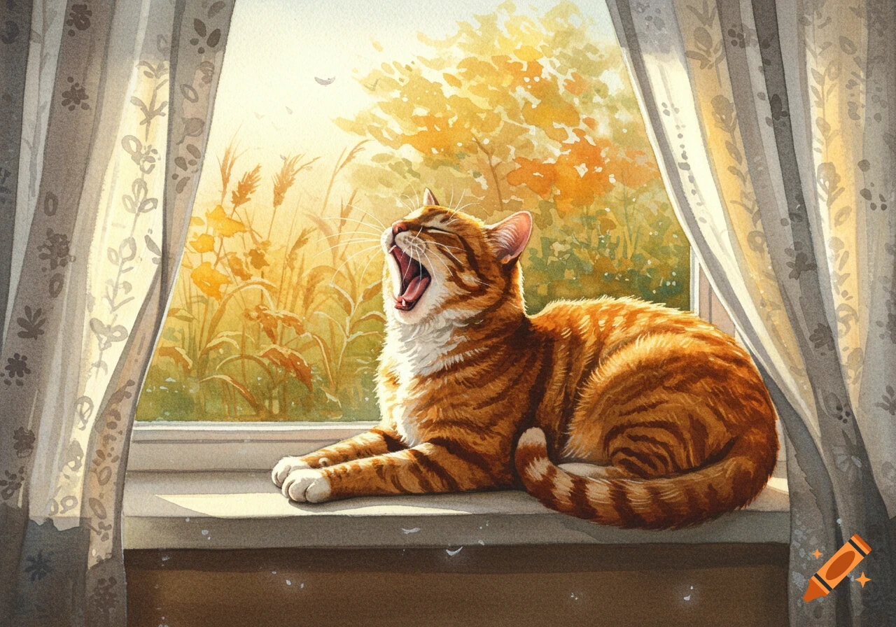 An orange tabby cat yawns widely on a sunlit windowsill, with autumnal foliage visible outside, in a watercolor style.