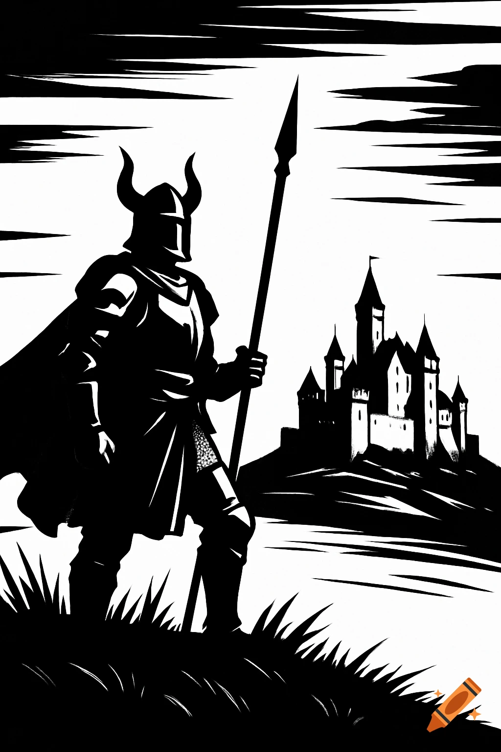 High-contrast black and white illustration of a horned knight with a spear standing before a castle.