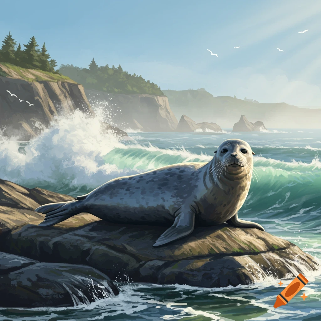 An illustrative painting of a seal resting on rocks by a wavy ocean with cliffs and birds in the background.