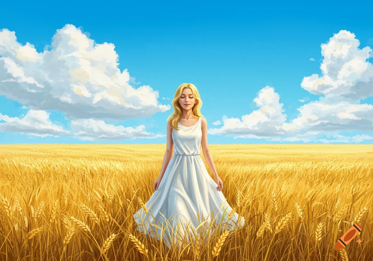 An illustration of a blonde woman in a white dress standing in a golden wheat field under a clear blue sky with white clouds.
