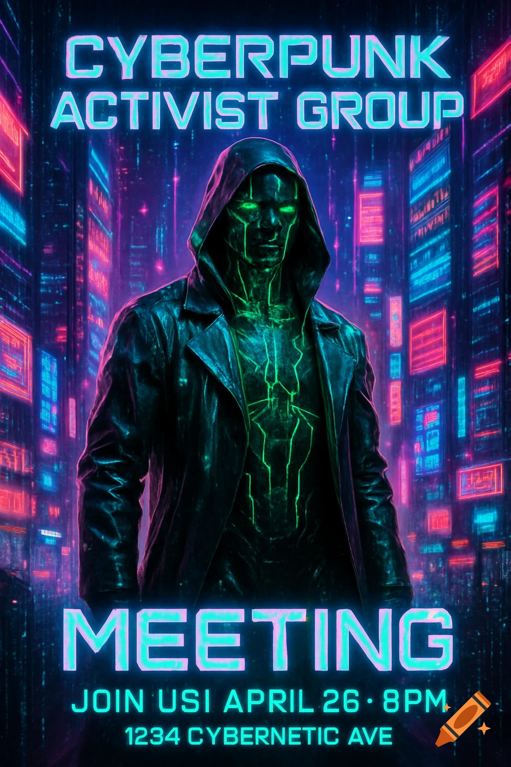 A cloaked figure with glowing green cybernetic lines stands in a neon cyberpunk city, with text for an activist group meeting.
