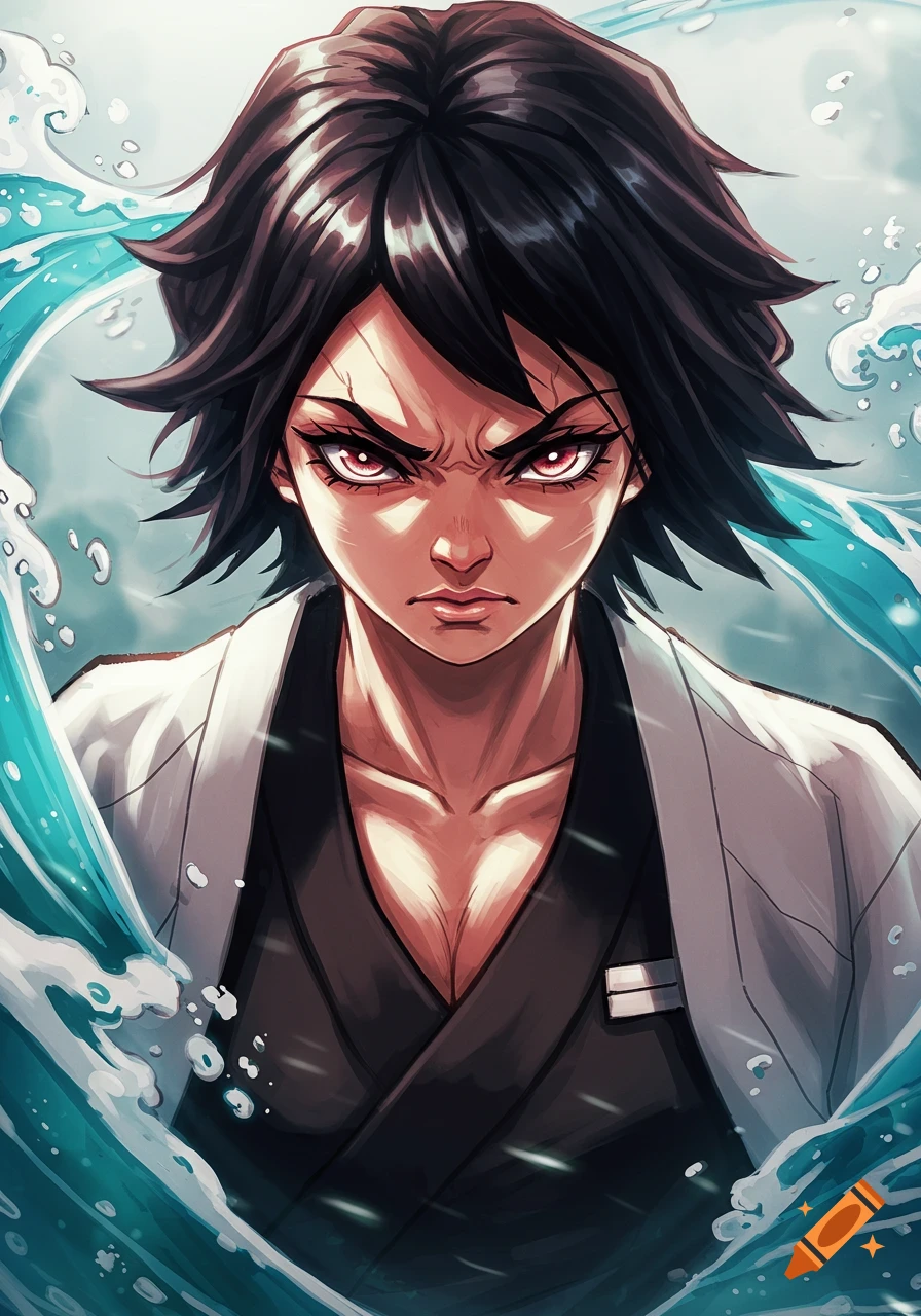 Anime-style portrait of an angry woman with short black hair and red eyes, wearing a white and black uniform, surrounded by turbulent water.