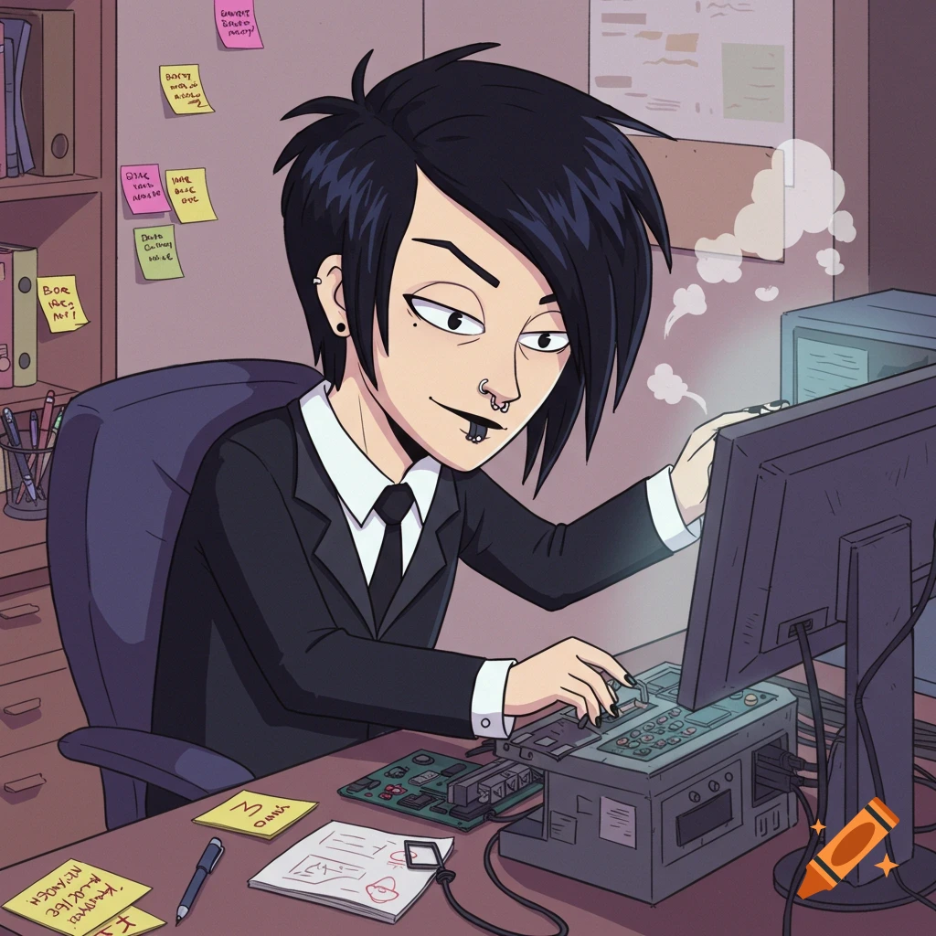 South Park-style cartoon of an emo person in a suit fixing a smoking computer in an office.