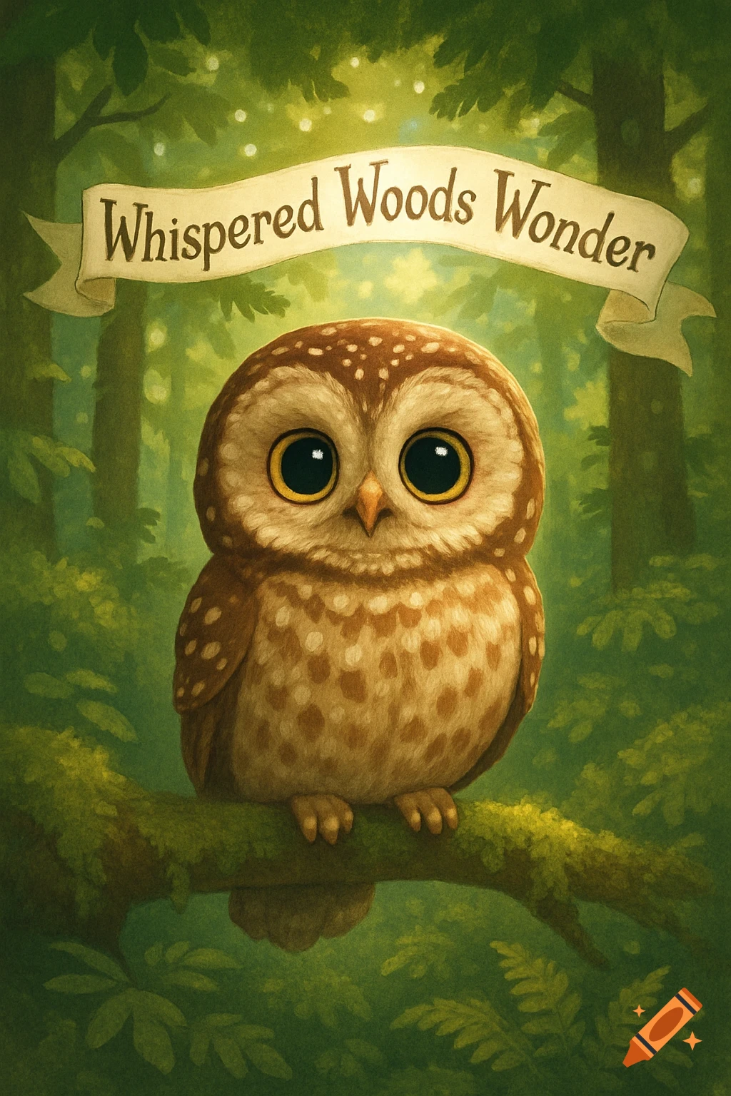 A cute, brown and white spotted owl with big eyes sits on a mossy branch in a green forest, with a banner saying 'Whispered Woods Wonder'.