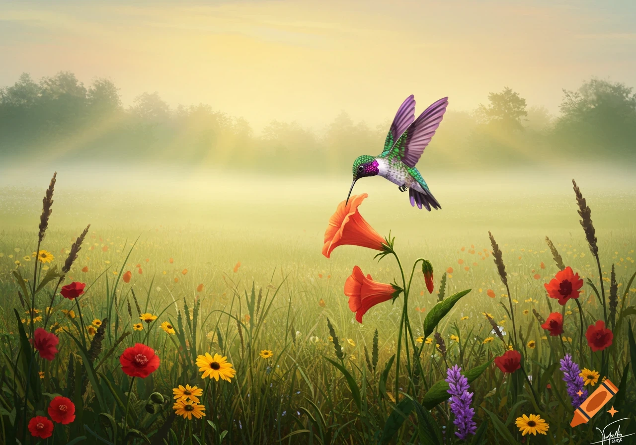 A vibrant hummingbird sips nectar from orange trumpet flowers in a misty, sunlit meadow filled with colorful wildflowers.