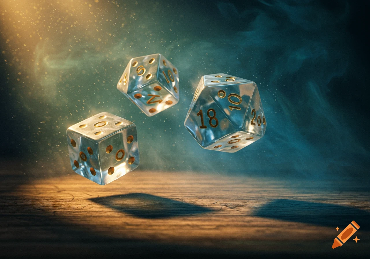 Three translucent polyhedral dice float above a wooden surface amidst glowing particles and smoky mist.