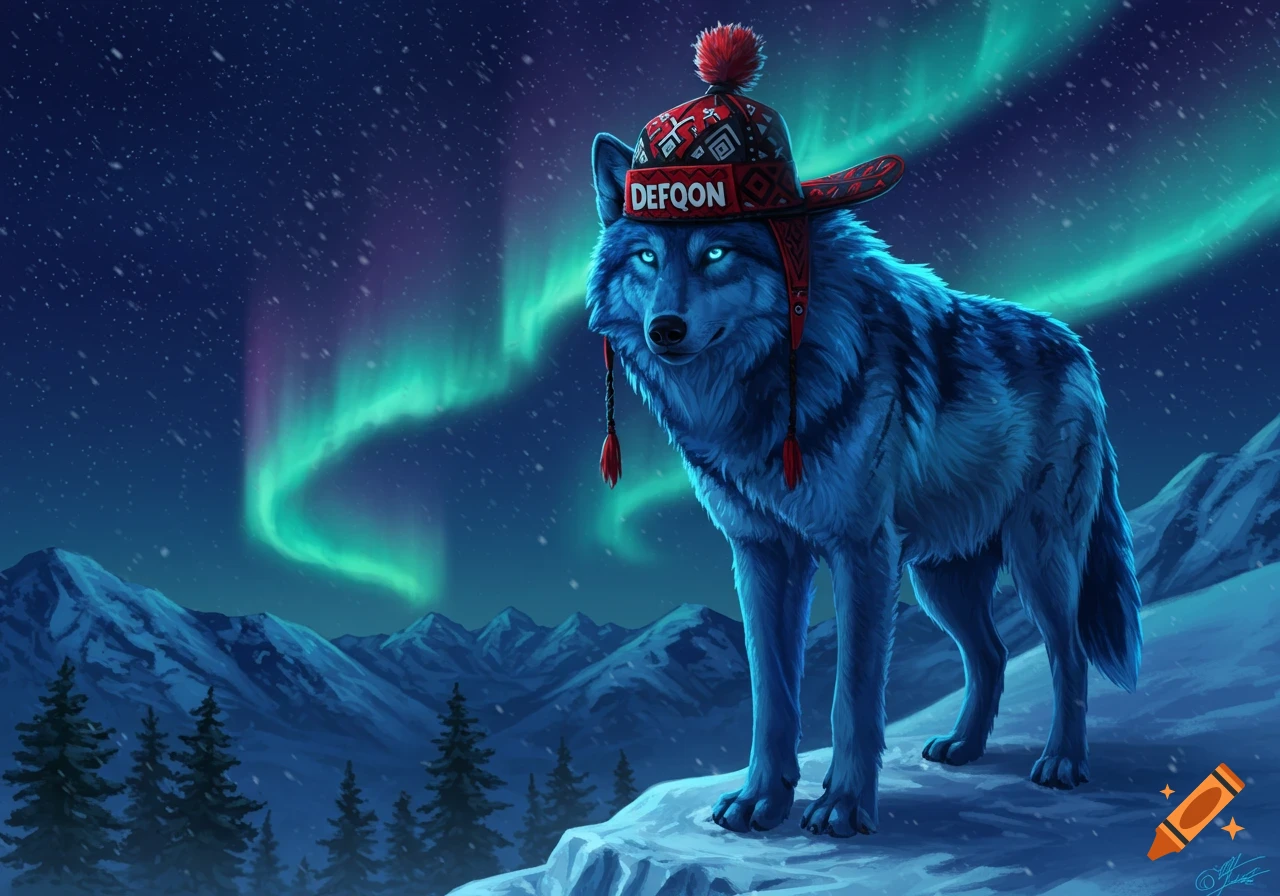 A majestic blue wolf with glowing eyes wears a Defqon hat while standing on a snowy mountain under a vibrant green and purple aurora borealis night sky.