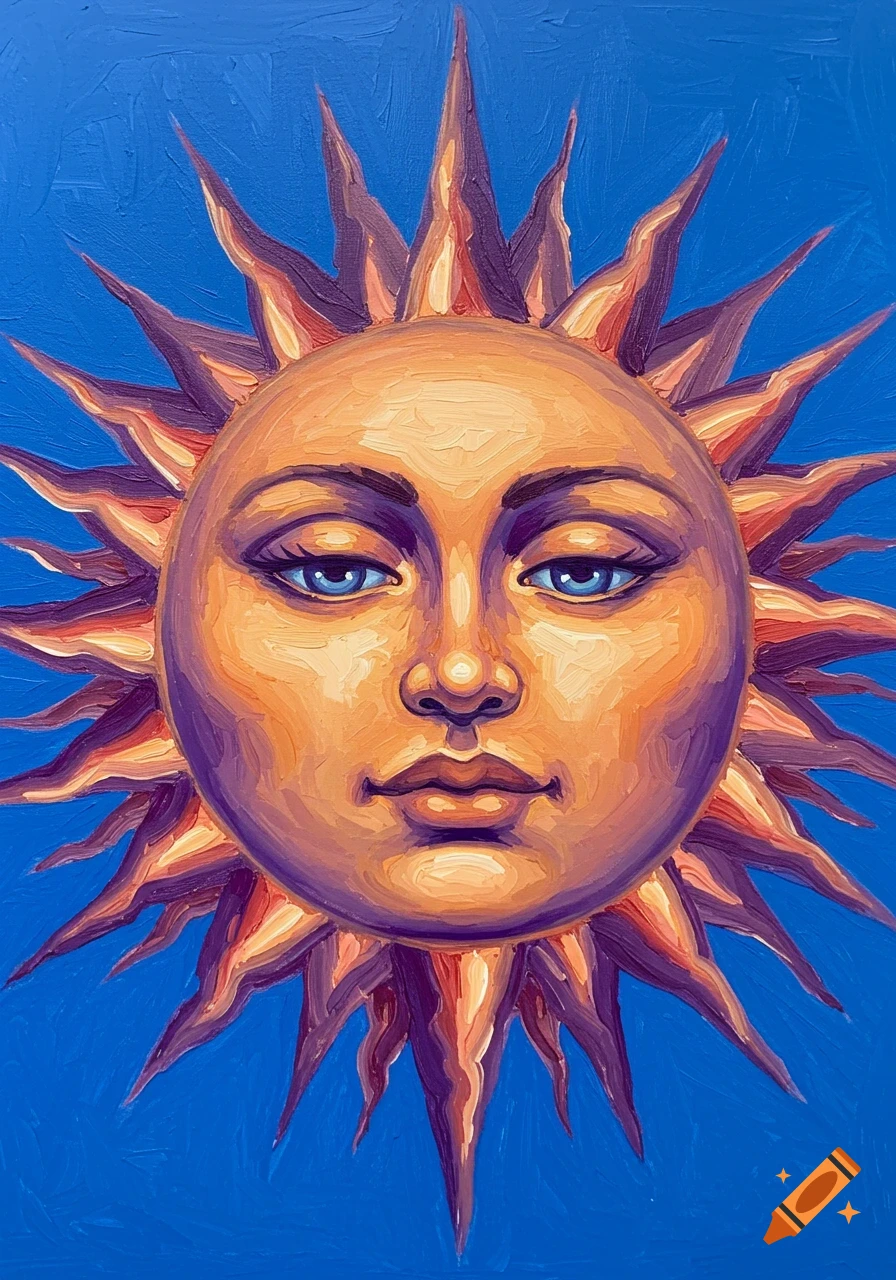 Oil painting of a sun with a human-like face, featuring orange, purple, and blue split complementary colors on a solid blue background.
