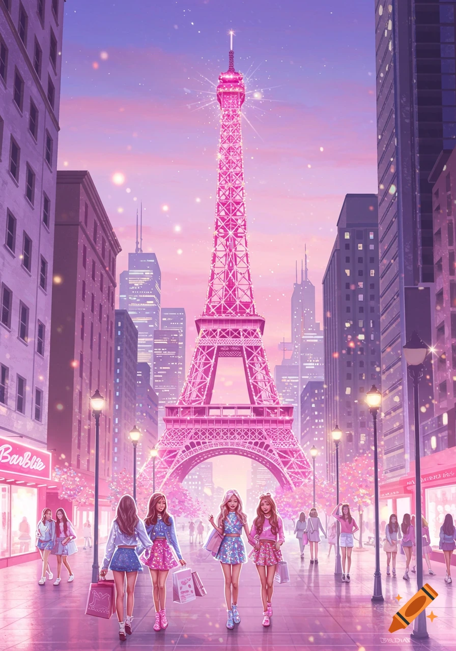 A stylized illustration of a dreamy city street with a pink, sparkling Eiffel Tower, and women shopping.