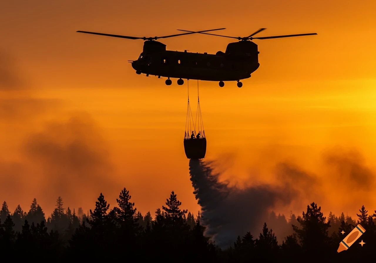 A Chinook helicopter drops water from a bucket, silhouetted against a vibrant orange sunset over a dark forest.