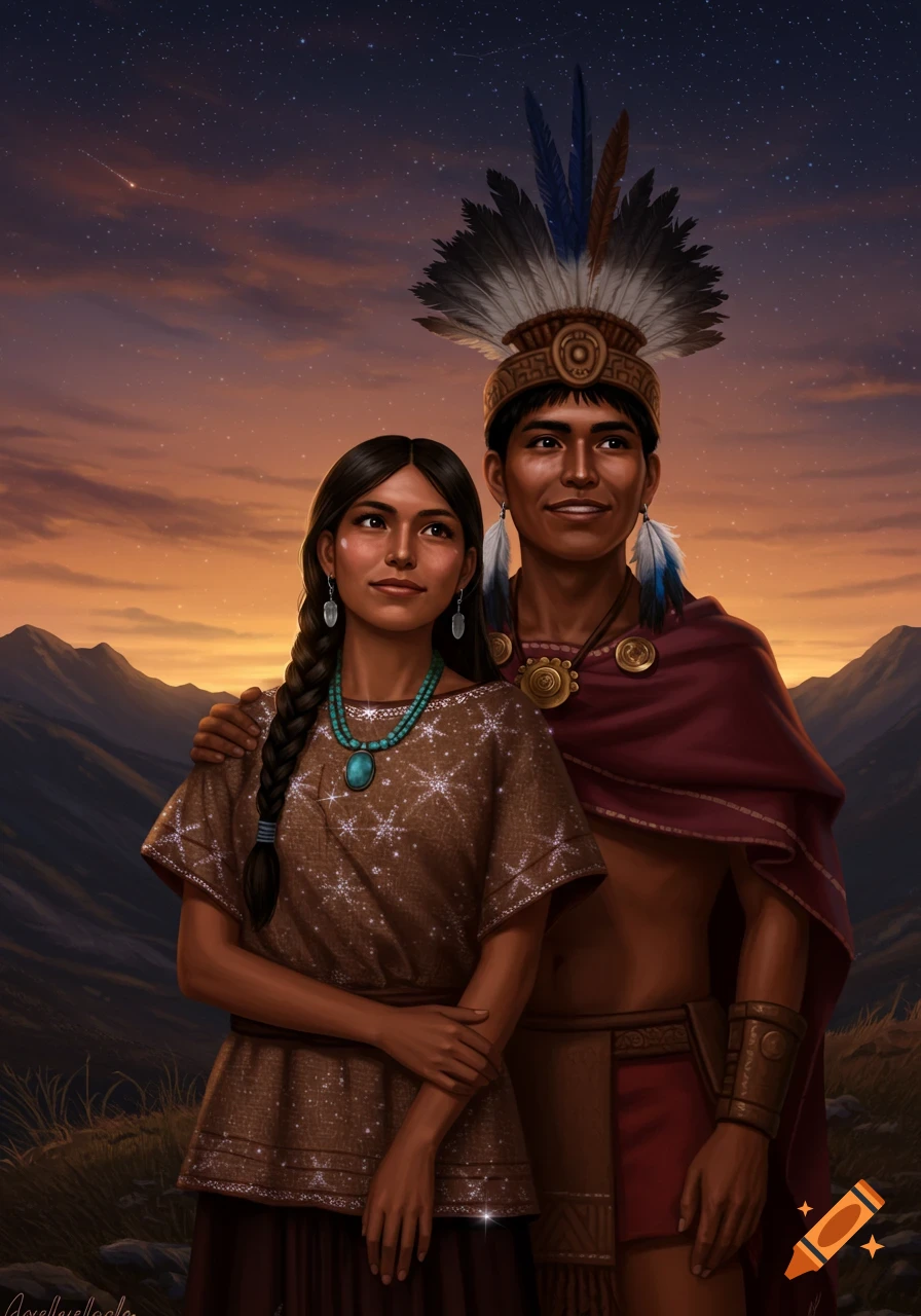 Painterly portrait of an Incan man and woman in traditional attire on an Andean mountain at twilight, gazing at a starry sky.