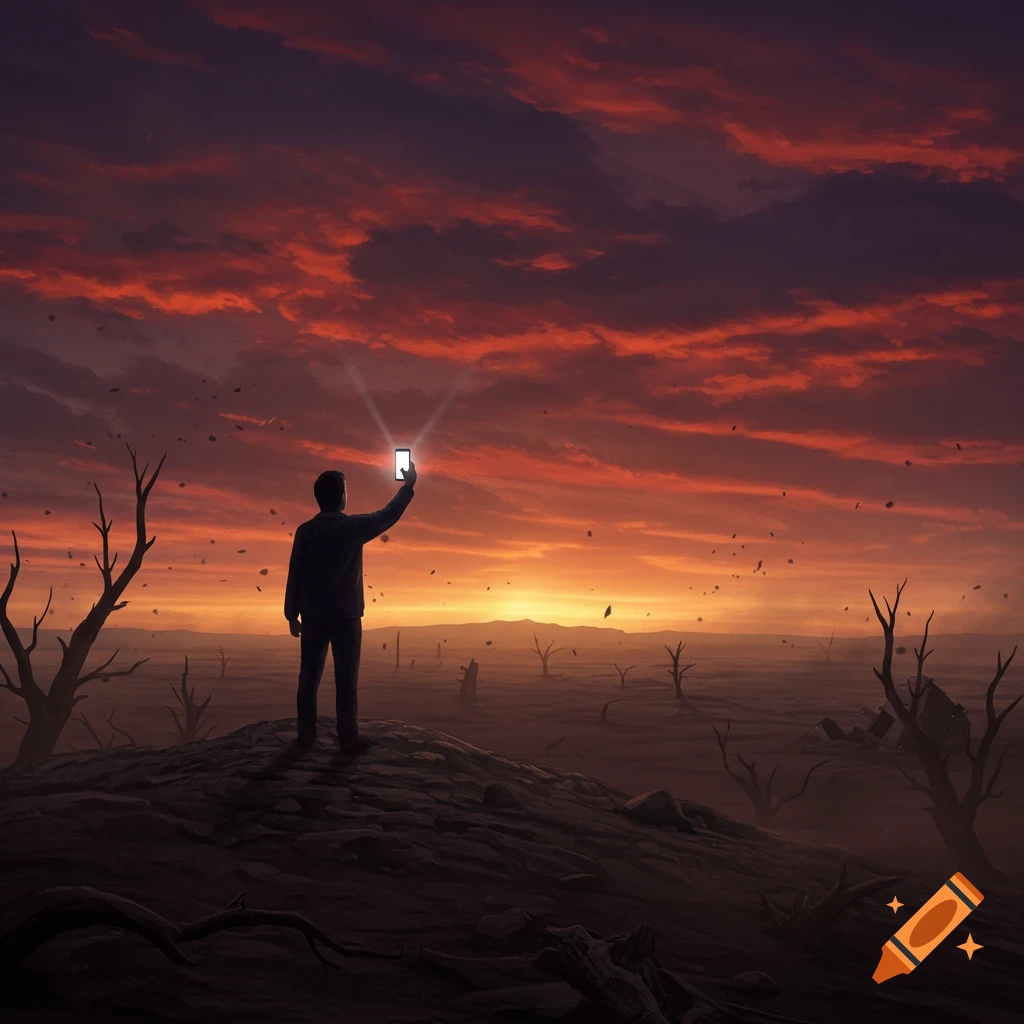 Person taking a selfie with a glowing phone in a desolate landscape under a dramatic red sunset.