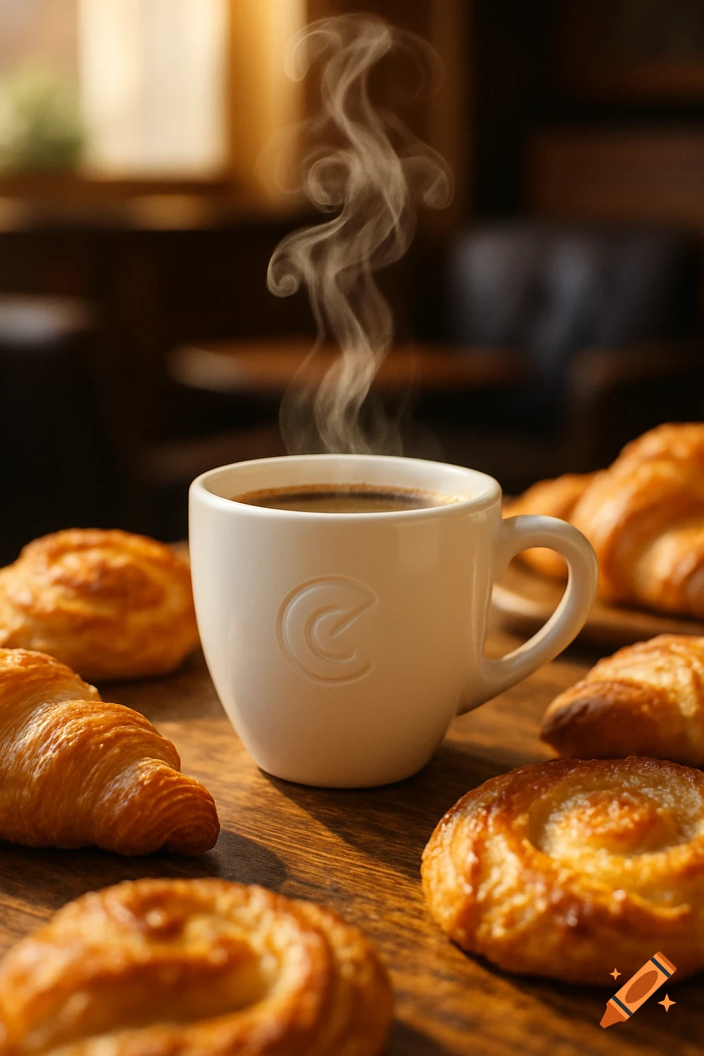 Close-up of a steaming coffee cup with a logo and pastries on a wooden table in a warm coffee shop.