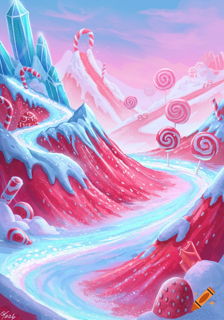 A vibrant, cartoonish fantasy landscape made of candy, featuring pink and white mountains, a blue river, giant lollipops, and candy canes.
