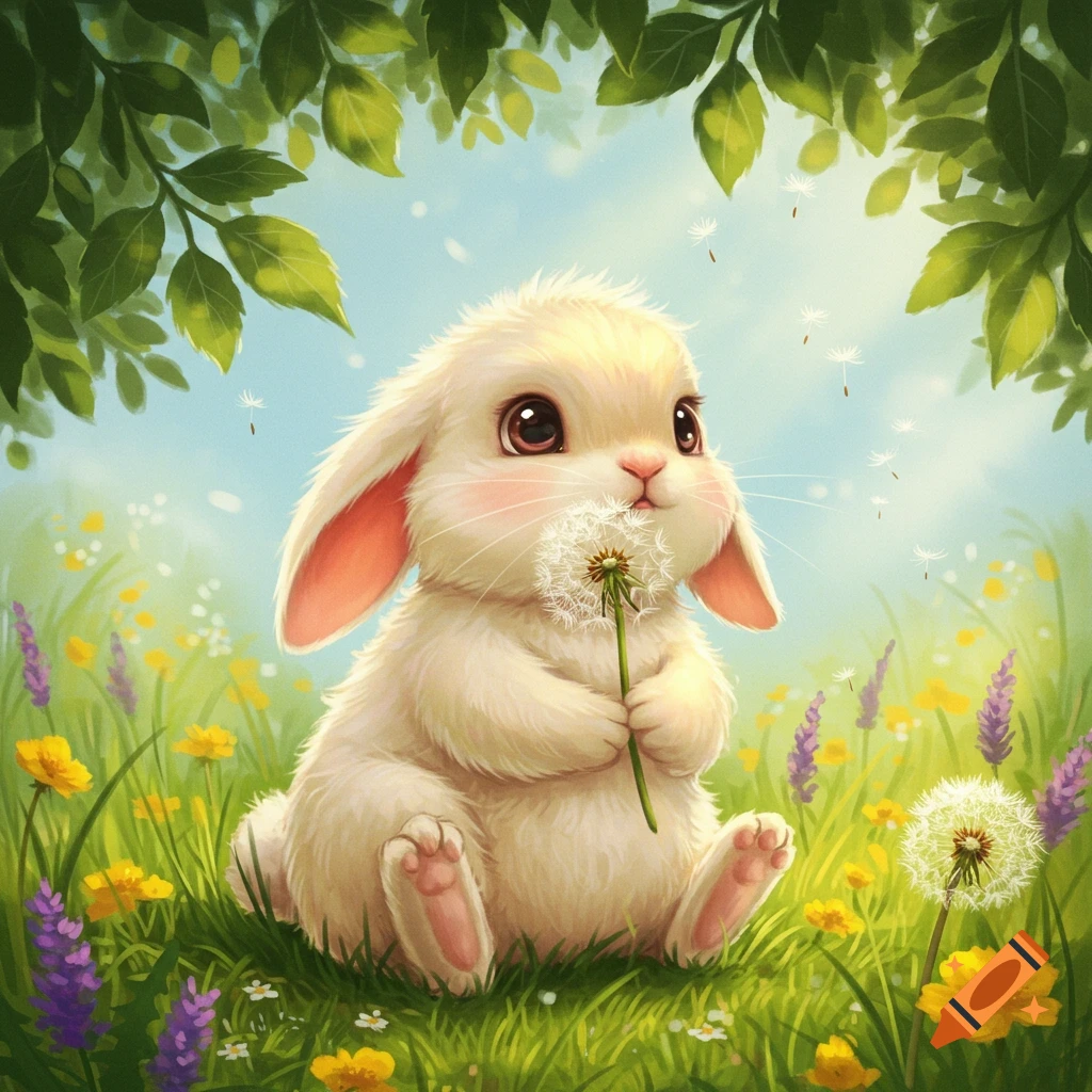 A fluffy white bunny with big eyes holds a dandelion, sitting in a field of green grass and colorful flowers, cute illustration.