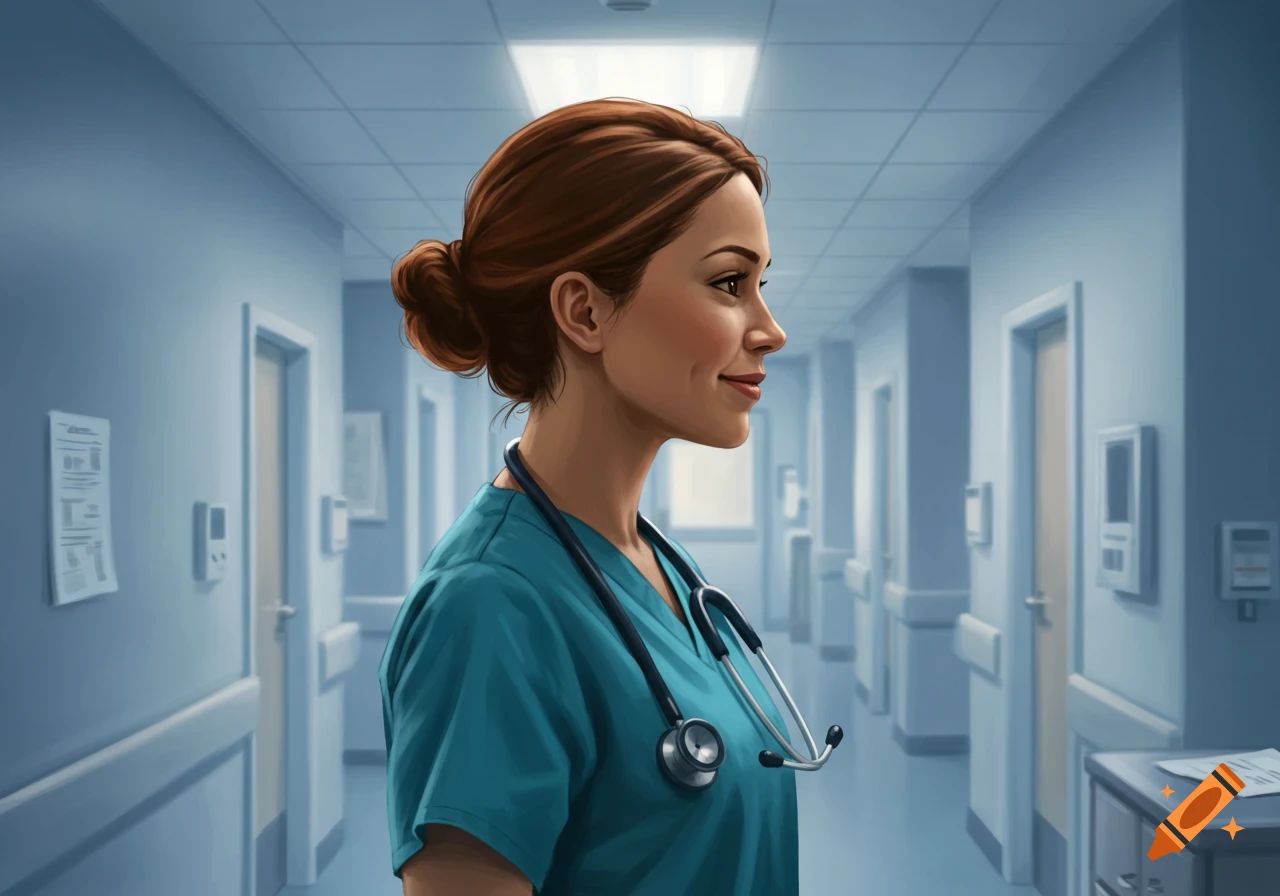 A smiling female nurse in blue scrubs with a stethoscope stands in profile in a hospital hallway, depicted in a digital painting style.