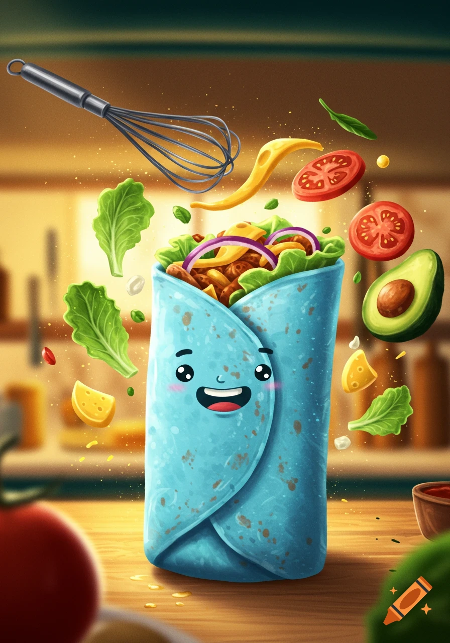 A happy blue cartoon burrito with a smiling face, surrounded by floating ingredients like lettuce, tomato, avocado, and cheese, in an illustrative style.
