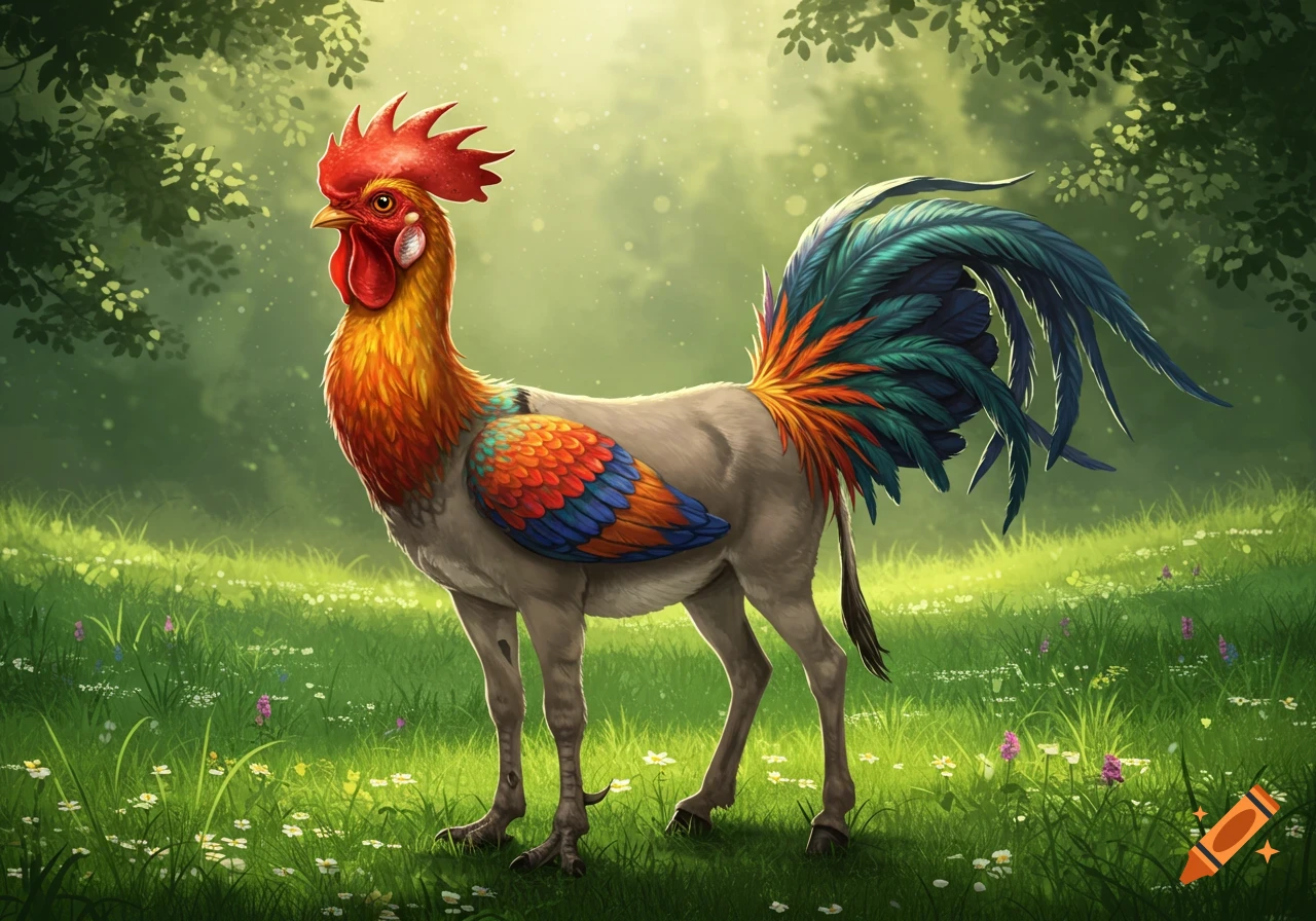 A vibrant rooster-donkey hybrid creature with colorful plumage stands in a sunny green meadow with wildflowers, fantasy art style.