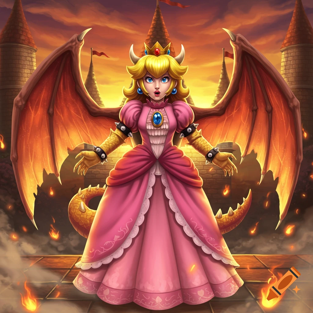 Princess Peach transformed with Bowser's horns, leathery wings, and spiked tail, wearing a pink dress, standing before fiery castles at sunset.