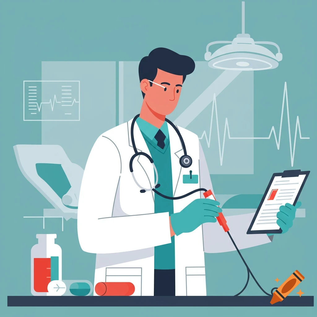 A male doctor in a white coat holds a medical device and clipboard in a hospital, flat illustration.