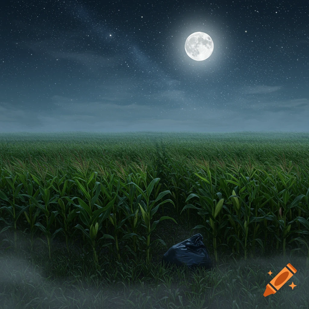 Photorealistic night scene of a cornfield under a full moon and starry sky, with a black plastic bag in the foreground.