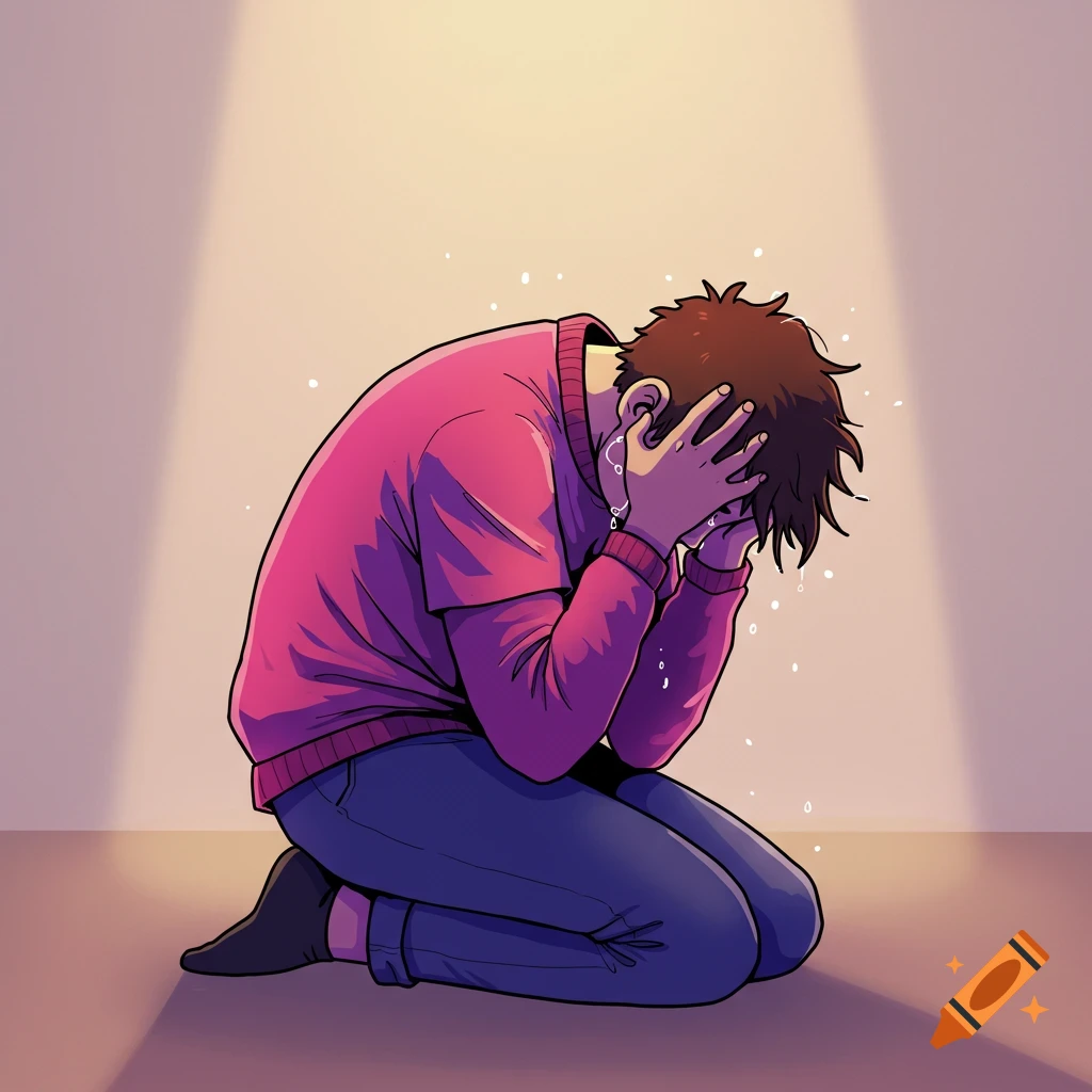 A cartoon person kneels, head bowed and hands covering their face, appearing to cry.