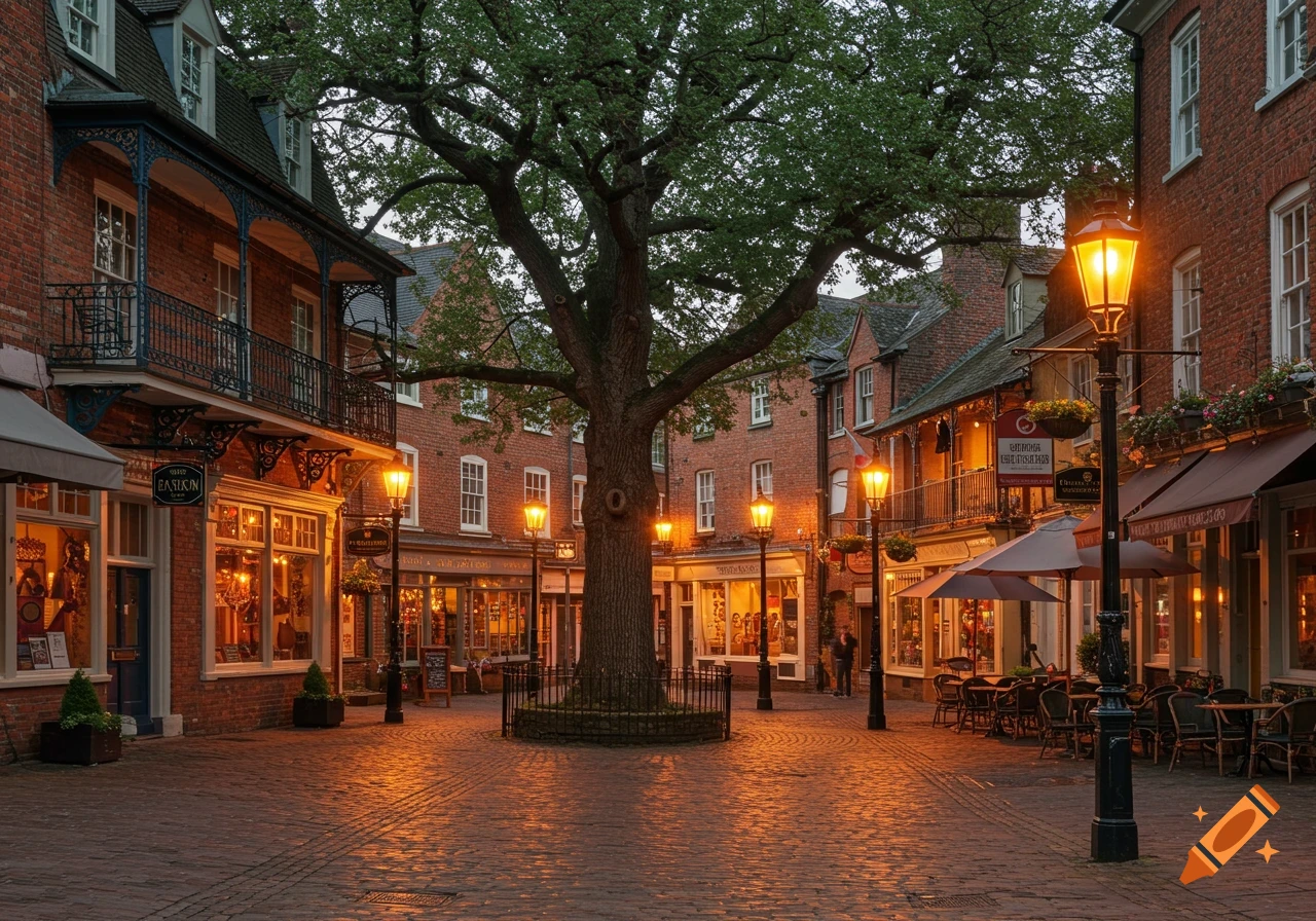 A charming European town square at dusk, with brick buildings, glowing street lamps, outdoor dining, and a large tree.