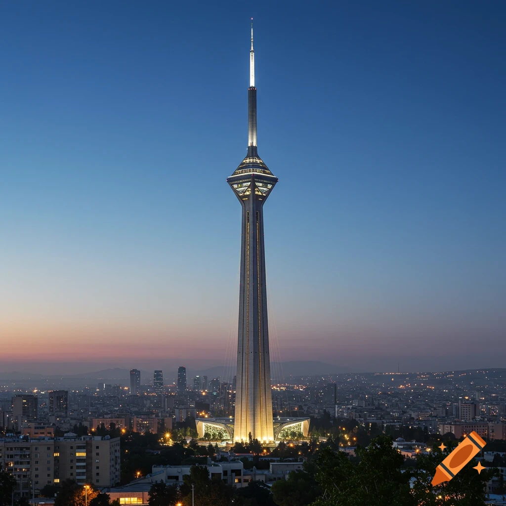 A tall, modern, illuminated tower stands against a twilight sky above a sprawling cityscape with twinkling lights.