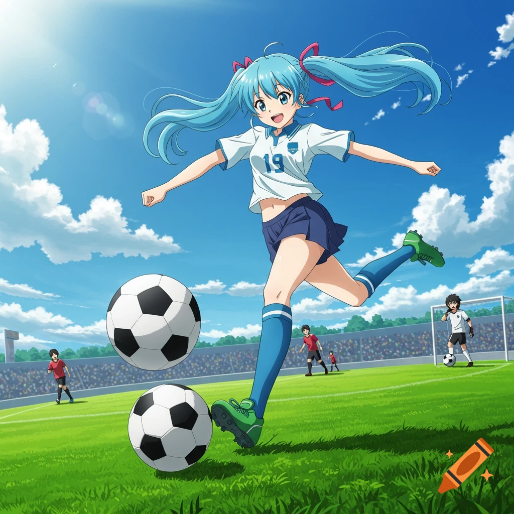 An anime girl in a white and blue soccer uniform with blue pigtails kicks a soccer ball on a green field under a blue sky.