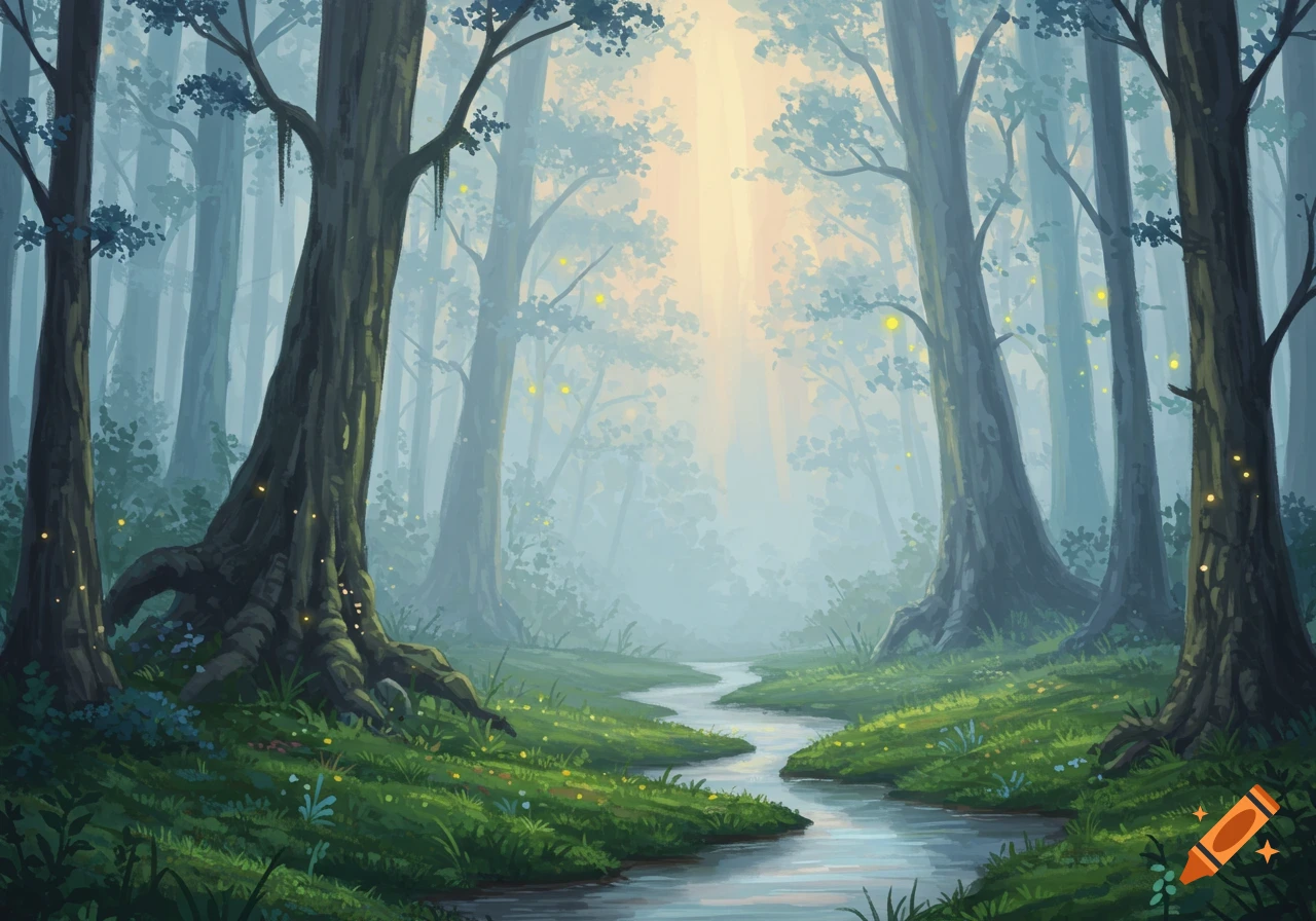 A mystical forest at dawn with towering trees, a winding stream, soft blue-green mist, and glowing orbs of light.