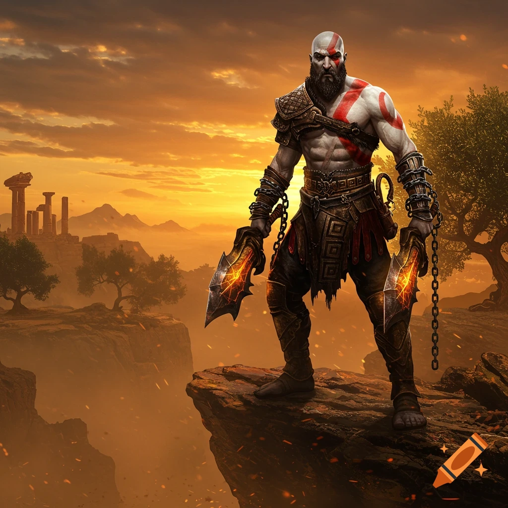 Kratos, a muscular, bald man with red war paint, stands on a cliff holding fiery chained blades against an orange sunset and ancient ruins.