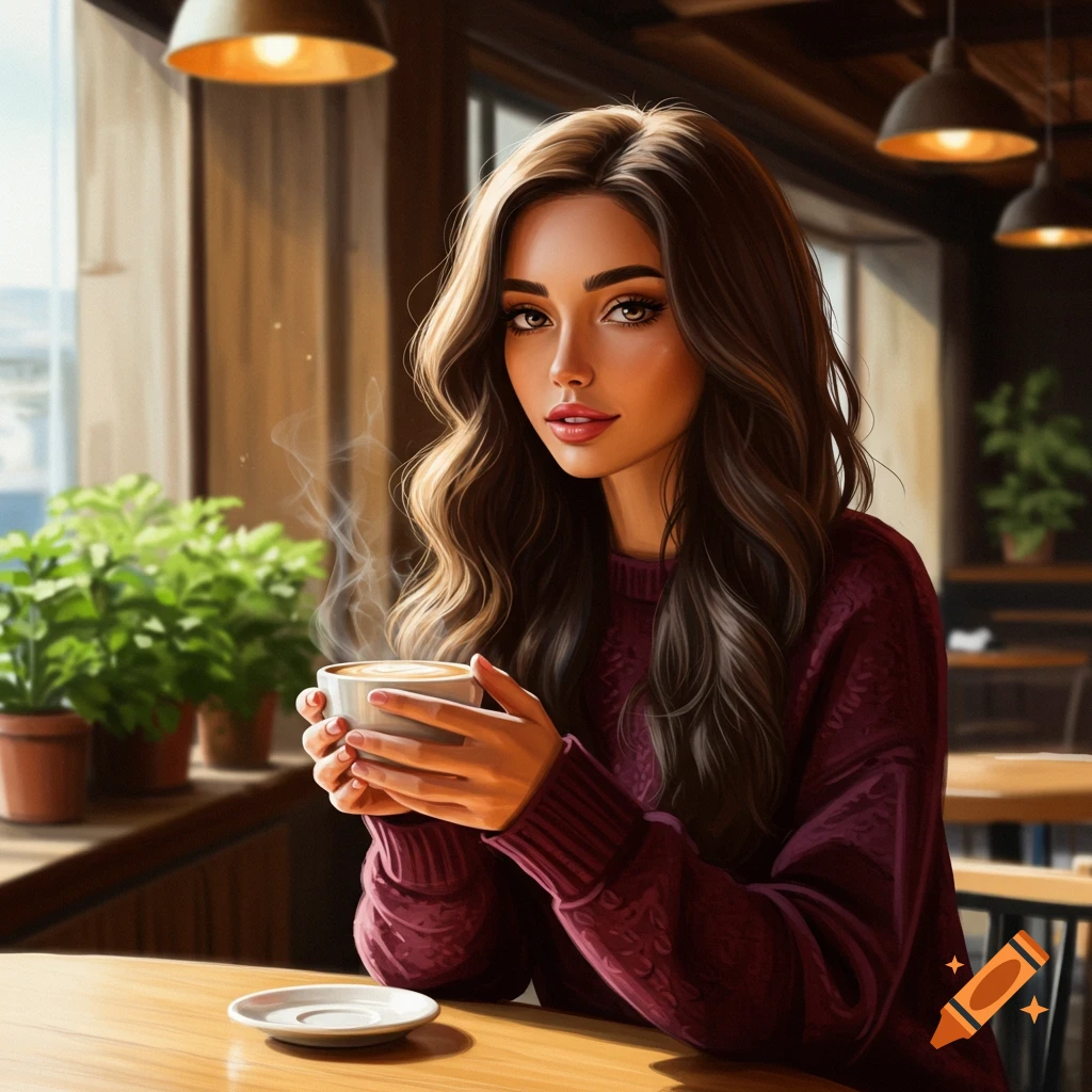 A beautiful young woman with long dark hair sits in a coffee shop, holding a steaming mug. The style is detailed digital art.