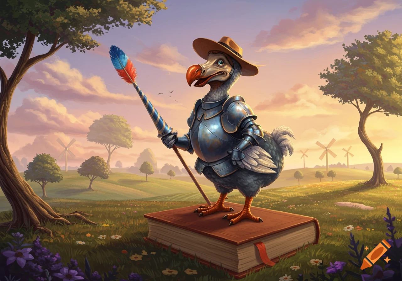 A dodo bird in knight's armor and a hat holds a spear, standing on a book in a whimsical, sunset landscape with windmills.