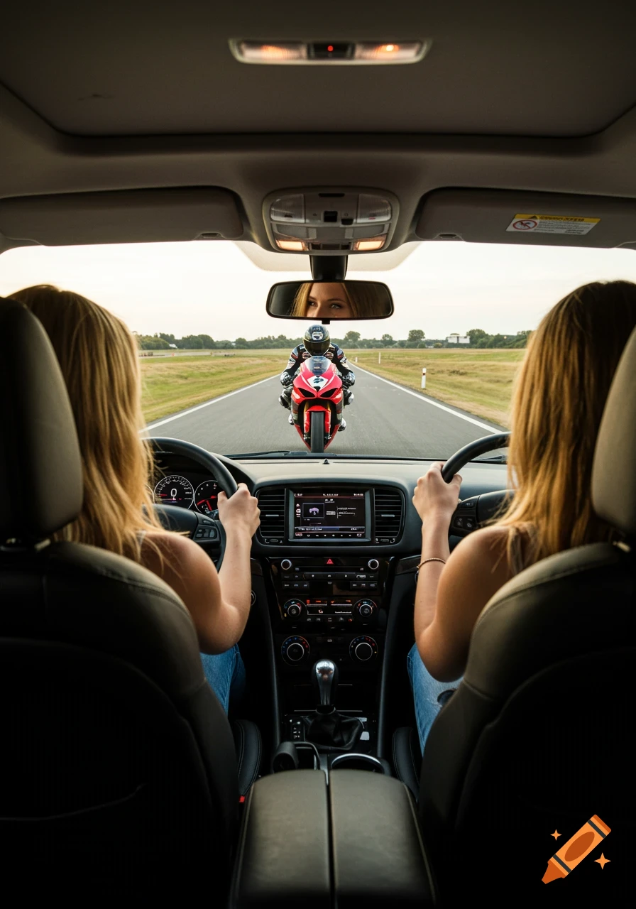 Two women from behind in a car, one driving, look at a red motorcycle with a rider in the rearview mirror on an open road.