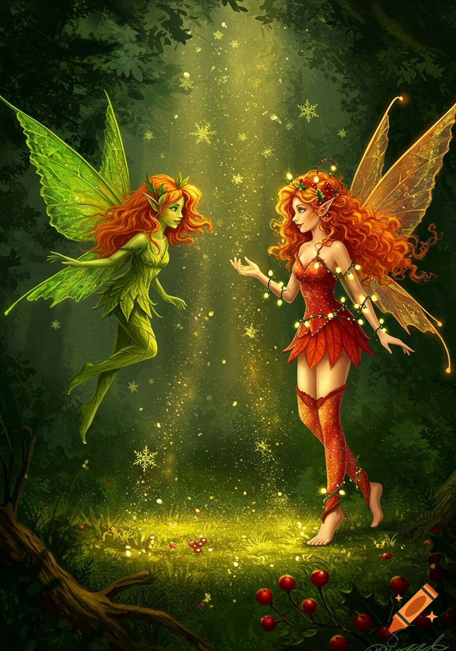 Two orange-haired fairies, one green leaf-themed and one red Christmas-themed, stand in an enchanted forest filled with glowing particles.