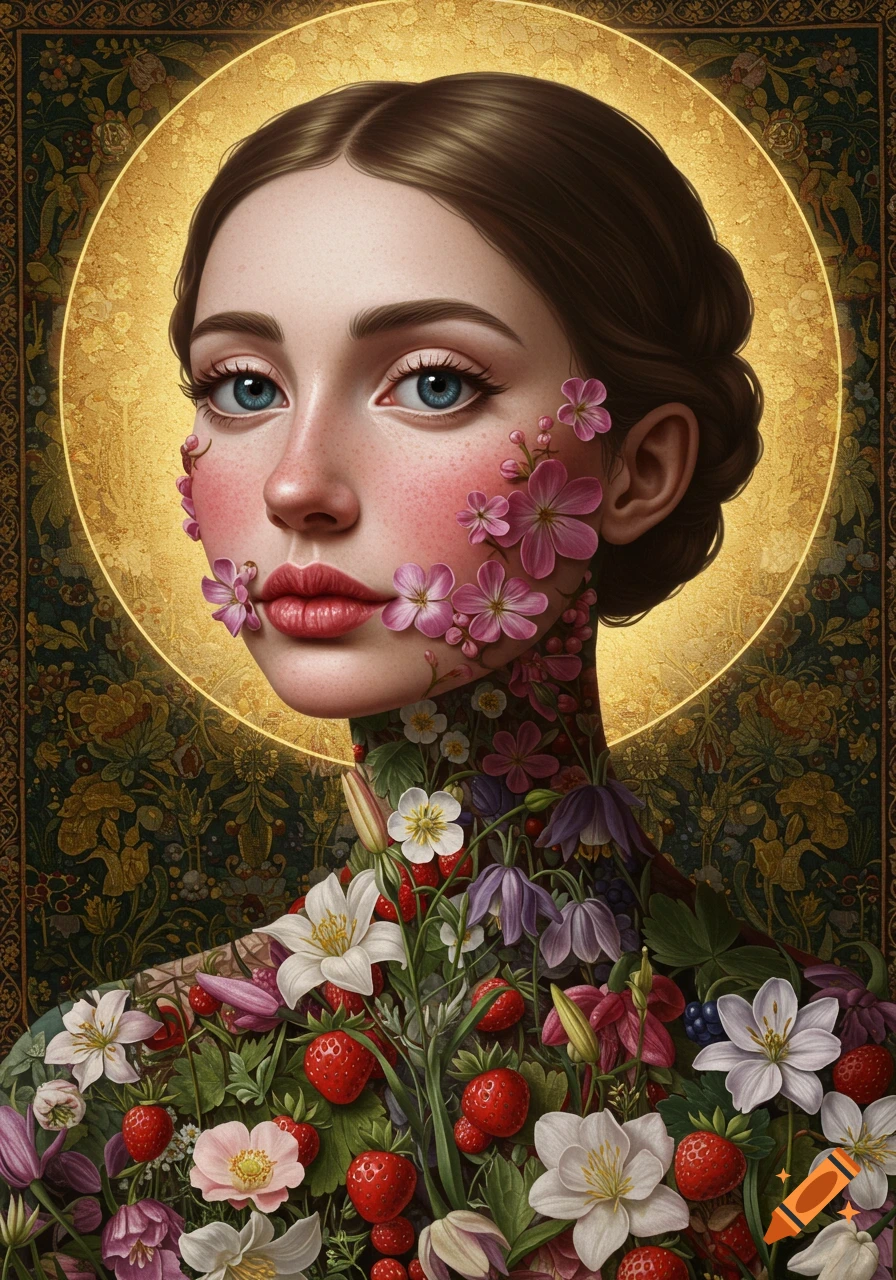 Surreal Renaissance-style portrait of a woman with flowers and strawberries on her face and body, golden halo, ornate floral background.