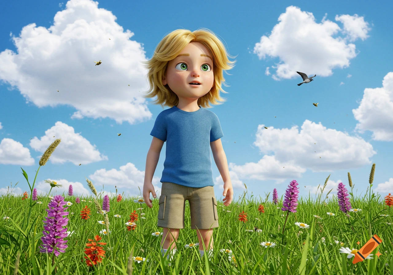 A cartoon boy with blonde hair and green eyes stands in a vibrant green meadow with colorful flowers under a bright blue sky with clouds and bees.