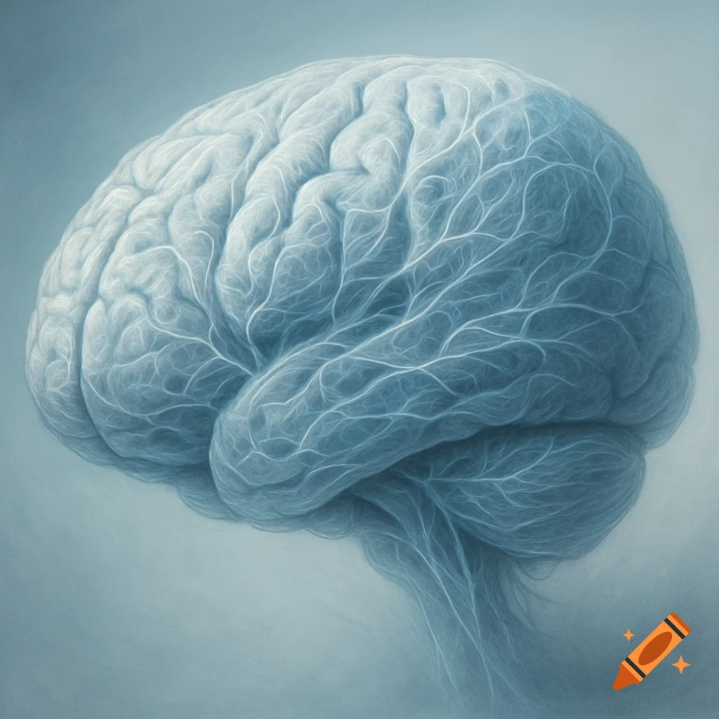 A stylized, light blue illustration of a human brain with intricate neural-like patterns.