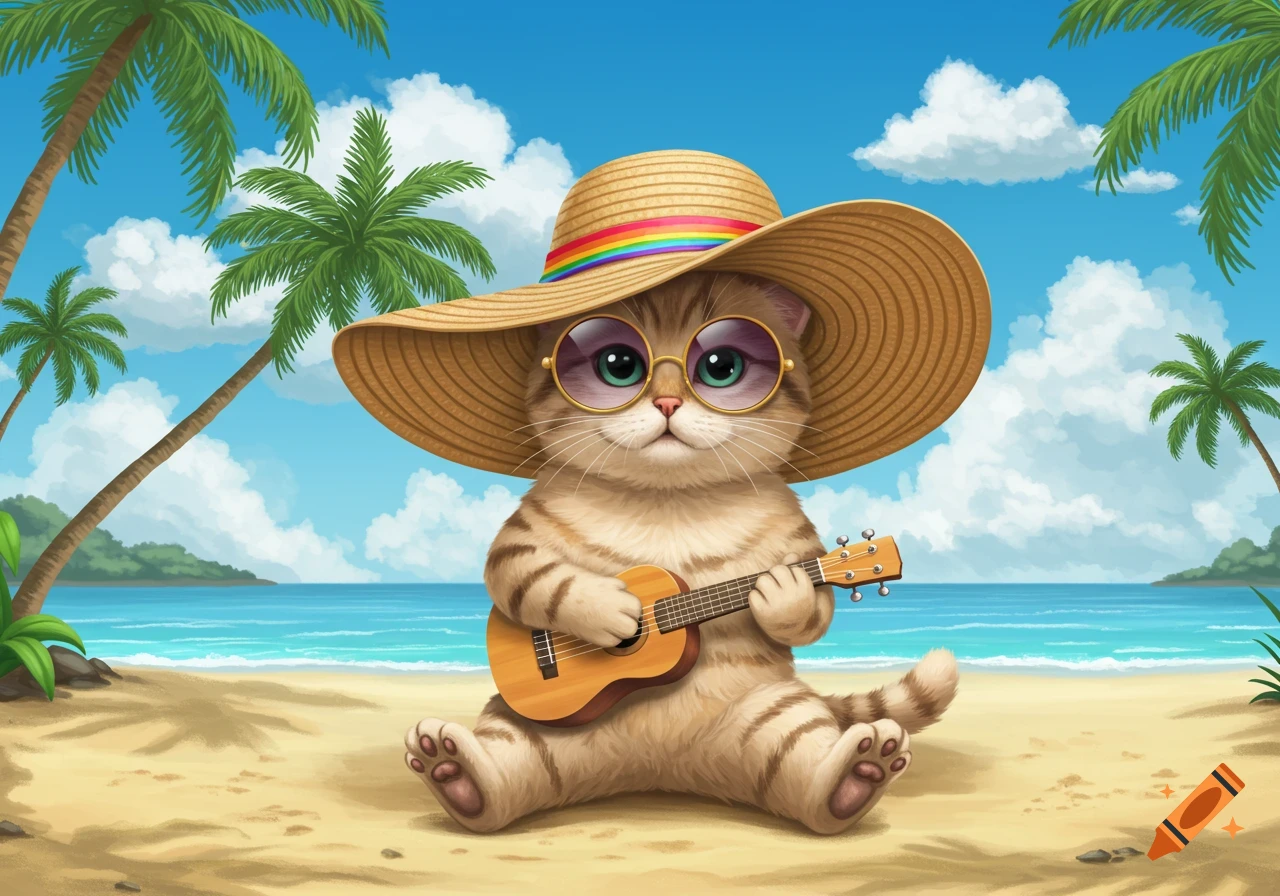 A cute cat in a straw hat and sunglasses plays a ukulele on a sunny beach with palm trees and blue water. Colorful illustration.