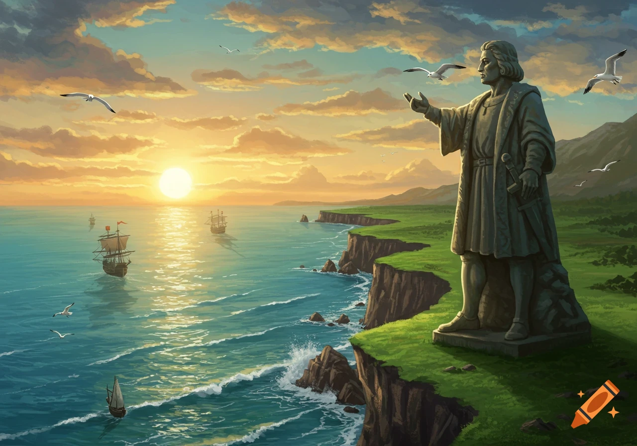 An illustrative painting of a stone statue of Christopher Columbus on a cliff overlooking the ocean with sailing ships and a bright sunset.