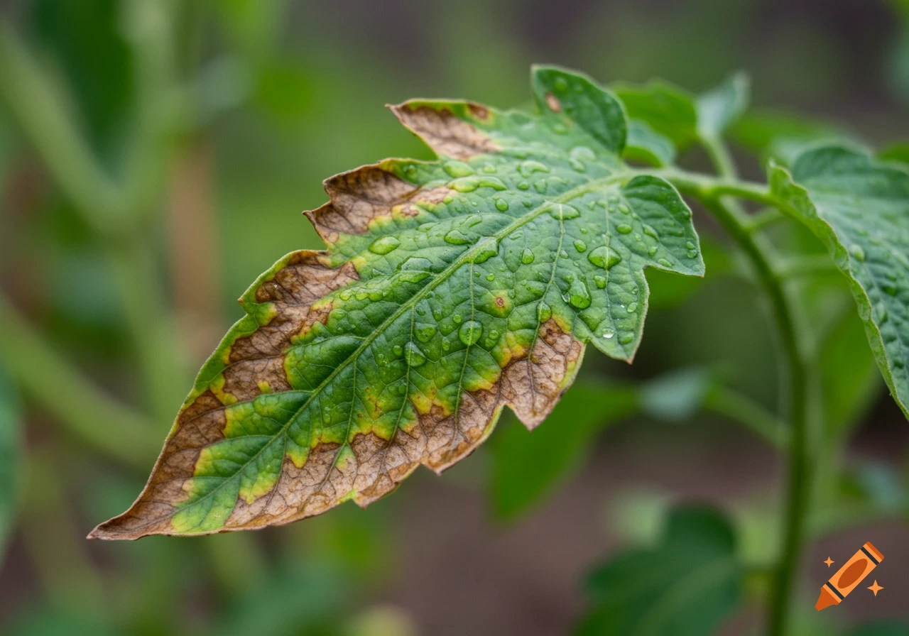 Close-up of a green tomato leaf showing brown and yellow diseased spots, covered in water droplets.